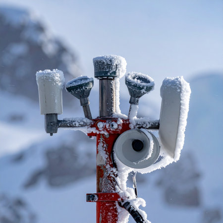 Snow-covered ski poles on top of a mountain in the mountainsの素材