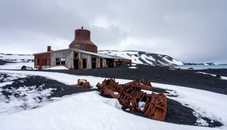 The rusted remains of machinery and decaying buildings of a historic whaling station on Deception Island, Antarctica, stand as silent monuments to a bygone era.の素材