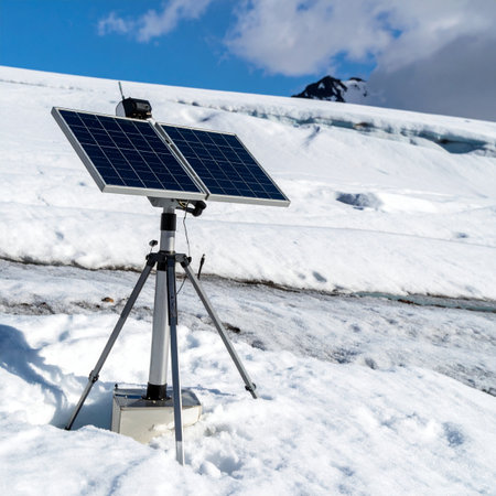 solar panel on a tripod against the background of snow and blue skyの素材