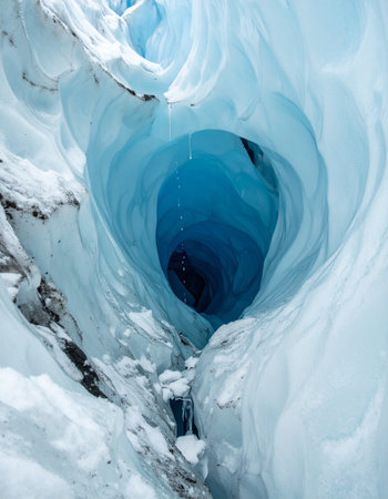 A mesmerizing view down into the heart of a glacier, where a deep blue moulin carves a path into the ancient ice.の素材