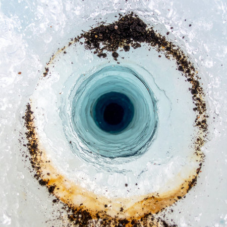 An overhead perspective captures the mesmerizing depth of a freshly drilled hole in a thick glacier.の素材
