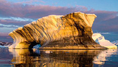 A colossal iceberg, sculpted by time and tide, catches the last golden rays of a dramatic arctic sunset.の素材