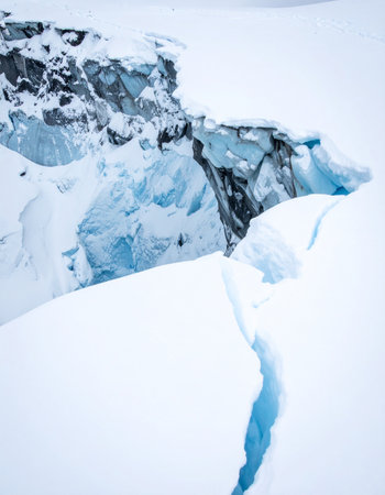 A deep, vibrant blue crevasse cuts through a pristine white snowfield, revealing the ancient, compressed ice of a massive glacier.の素材