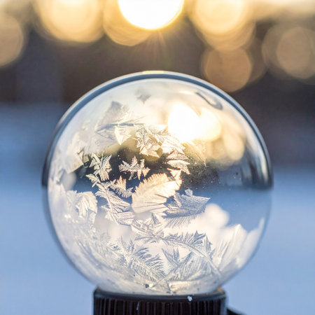 A delicate soap bubble captures a fleeting moment of winter's magic as intricate ice crystals bloom within its fragile sphere.の素材