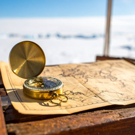An antique brass compass rests on a weathered map, its needle ready to point the way. In the sun-drenched background, a tranquil beach and ocean beckon, promising a journey of discovery and adventure.の素材