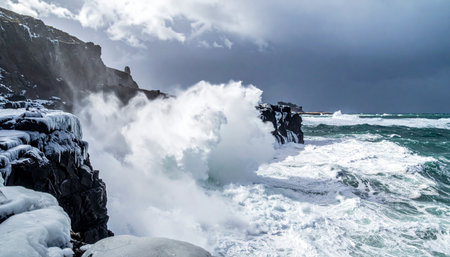 A massive winter wave explodes against a snow-dusted cliffside under a dark, stormy sky.の素材