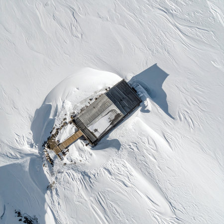 From a breathtaking aerial perspective, a solitary, modern shelter stands against a vast, untouched snowscape.の素材