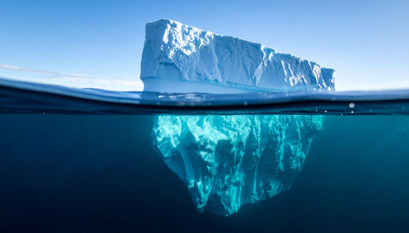 A majestic iceberg floats in the calm, cold ocean under a clear blue sky.の素材