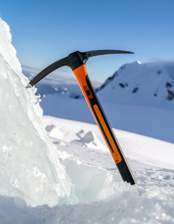 Ice axe in the snow with mountains in the background. Extreme sport.の素材