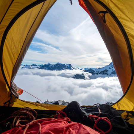 Waking up to a dreamlike panorama. From the cozy interior of a high-altitude tent, the world unfolds as a sea of clouds with majestic, snow-capped peaks breaking through.の素材