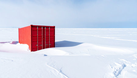 A solitary red shipping container sits half-buried in a vast, frozen landscape, a stark beacon of color in the white expanse.の素材