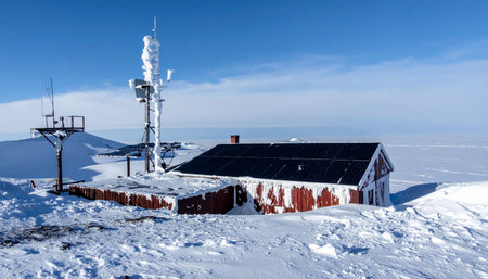 Perched atop a frozen summit under a clear blue sky, a remote research outpost stands against the extreme winter elements.の素材