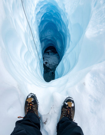 A thrilling first-person perspective of a hiker standing at the edge of a deep, blue glacial crevasse.の素材