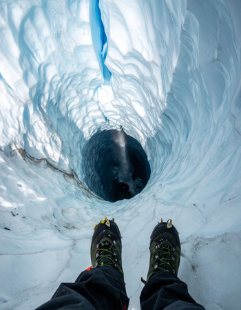 Climber reaching a hole in the ice cave, Iceland.の素材
