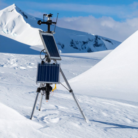 A lone, solar-powered research station stands silently against the vast, frozen expanse of an arctic glacier.の素材