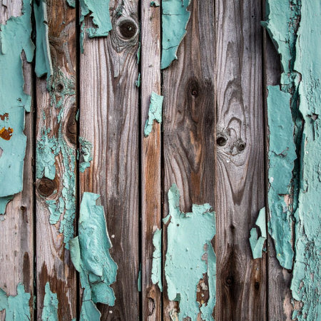 Old wooden planks with peeling turquoise paint as backgroundの素材