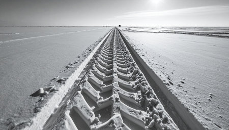 A powerful vehicle has carved a path through the vast, empty landscape, its deep tire tracks creating a strong leading line toward the distant horizon.の素材