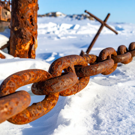 old rusty chain in the snow in winter, closeup of photoの素材
