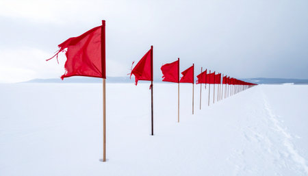 A line of tattered red flags recedes into the horizon, marking a path or boundary across a vast, desolate expanse of snow.の素材