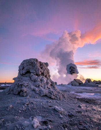 As the sun sets, the sky blazes with purple and orange hues over a surreal, ancient landscape.の素材