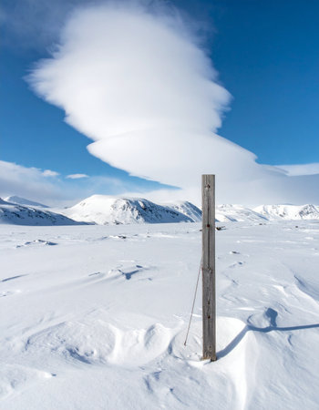 In the immense, silent expanse of a polar ice field, a plume of geothermal steam erupts into the frigid air, a powerful testament to the hidden energy beneath the frozen surface.の素材