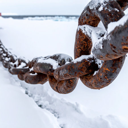 A massive, weathered industrial chain lies dormant under a fresh blanket of snow. Each rusty link tells a story of strength and endurance, holding fast against the harsh, cold grip of winter.の素材