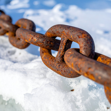 Rusty chain on the snow, close-up, selective focusの素材