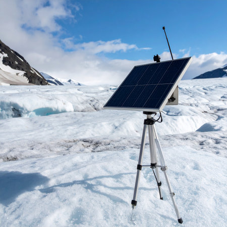 A remote scientific monitoring station, powered by a portable solar panel, stands resiliently on a vast glacier.の素材