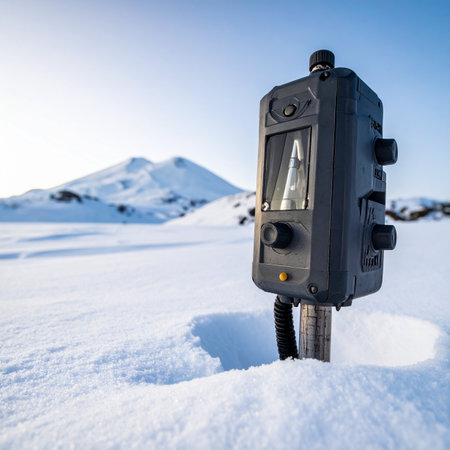 A rugged scientific instrument stands alone in a vast, snow-covered arctic landscape, tirelessly collecting data.の素材