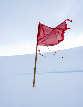 Red flag in the snow, winter landscape, closeup of photoの素材