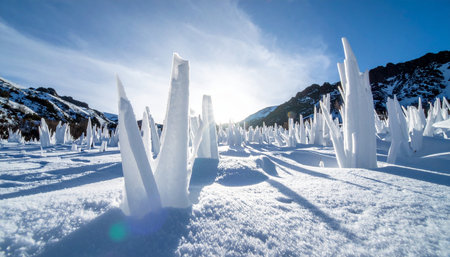 In a high-altitude mountain range, the rising sun illuminates a field of surreal penitentes.の素材