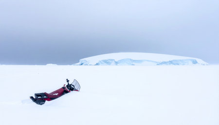 A lone explorer takes a moment of rest, lying back in the pristine snow of a vast, frozen landscape.の素材