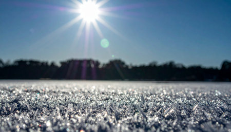 A low-angle macro view captures the intricate beauty of ice crystals sparkling under the bright morning sun.の素材