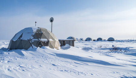 A scientific research station with geodesic domes stands resiliently in the vast, frozen expanse of the Arctic.の素材
