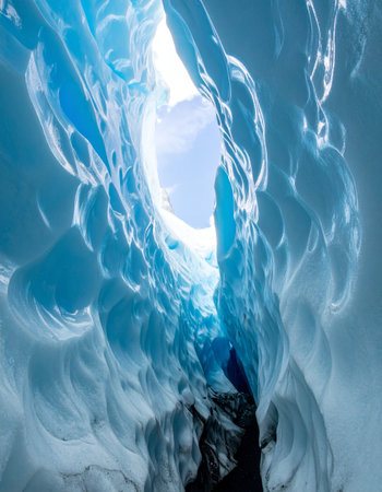 A breathtaking view from deep within a glacial ice cave, looking up towards a bright opening.の素材