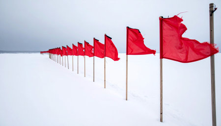 Red flags on a snow-covered field in the winter, close-upの素材