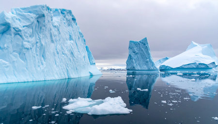 Massive blue icebergs, sculpted by time, float silently in the still, dark waters of the Arctic.の素材