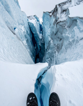 From a thrilling first-person perspective, a hiker stands at the precipice of a deep, blue ice crevasse.の素材