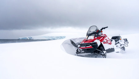 A lone red snowmobile rests on an immense, frozen plain under a vast, grey sky.の素材