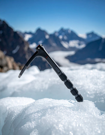 Ice axe in the snow with mountains in the background, extreme closeupの素材