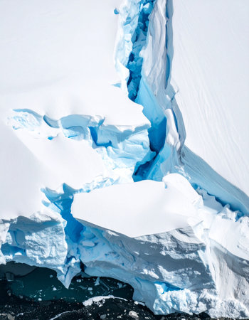 A close-up, almost abstract view captures the immense power and fragile beauty of a polar glacier.の素材