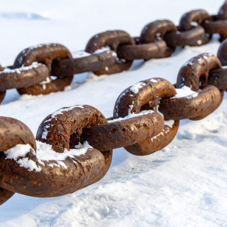 Rusty chain in the snow, close-up. Industrial backgroundの素材