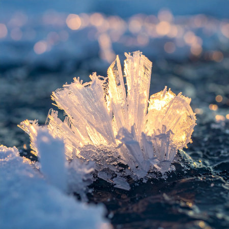 In the quiet chill of a winter morning, a cluster of delicate ice crystals catches the first golden rays of sunrise.の素材
