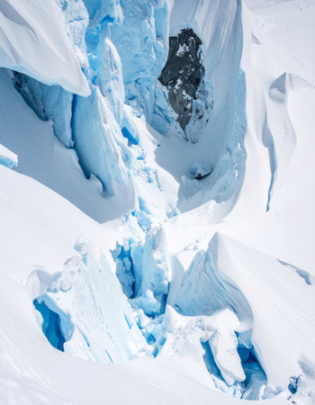 A breathtaking close-up view into the heart of a glacier, revealing deep blue ice formations and the raw, powerful beauty of nature.の素材