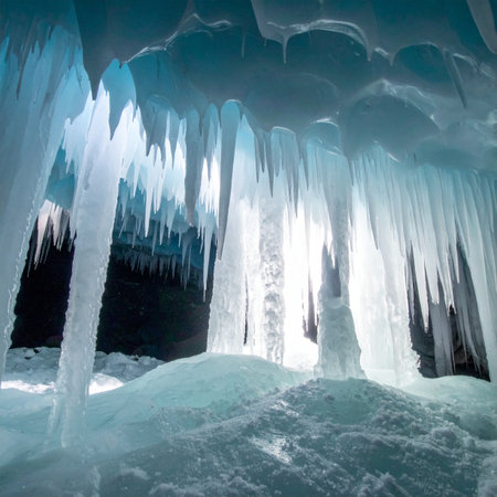 A view from inside a magical, glowing ice cave where countless sharp icicles hang from the ceiling.の素材