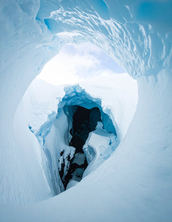 A view from within the heart of a glacier, looking down into a deep, blue crevasse. Ethereal light filters through the translucent ice, revealing ancient layers and crystalline textures.の素材