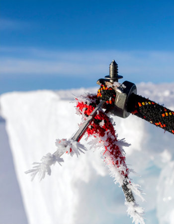 A close-up detail of mountaineering equipment encrusted with delicate ice crystals tells a story of survival and endurance.の素材