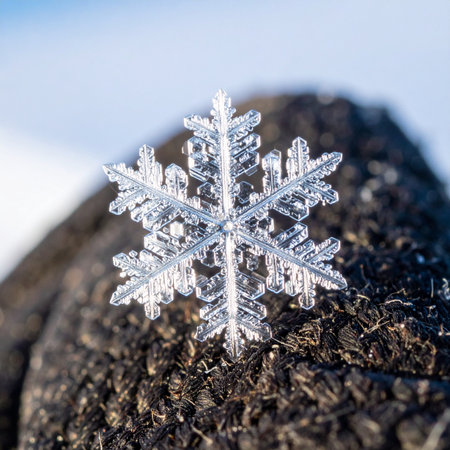 A single, perfectly symmetrical snowflake rests delicately on a rustic, dark surface, its intricate crystalline arms captured in stunning macro detail.の素材