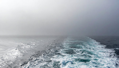 Waves of the ship in a foggy day, Iceland.の素材
