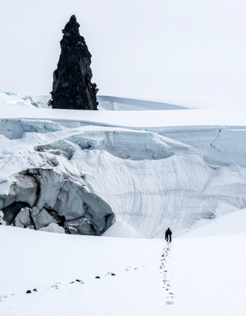 A lone figure embarks on a challenging expedition, leaving a trail of footprints across a vast, silent glacier.の素材